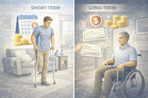 Comparison illustration of short-term and long-term disability insurance benefits.