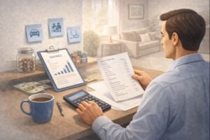 Illustration showing financial planning for disability insurance coverage decisions.